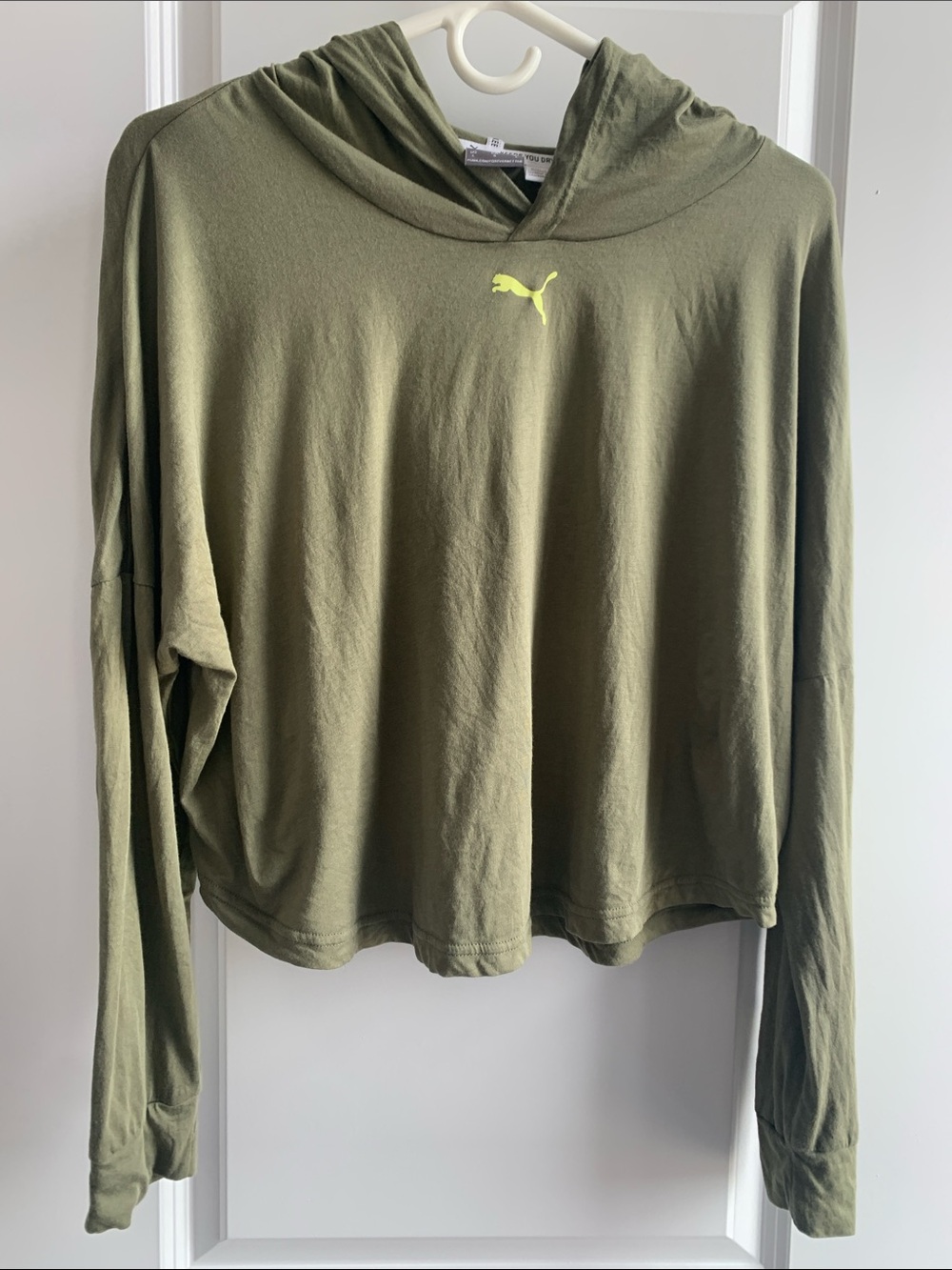 Puma Olive Hooded Cropped Long-Sleeve Pullover with Neon Logo